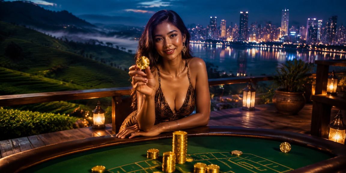 Pemain perempuan elegan berkonsentrasi di meja baccarat kasino mewah