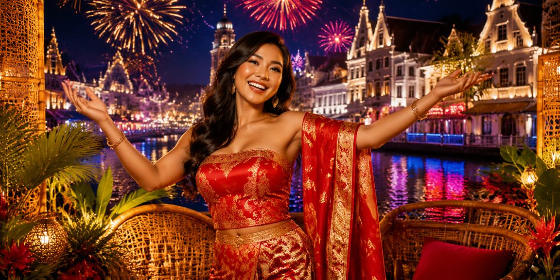 Suasana festival meriah dengan pemain menikmati promo kasino spesial hari raya