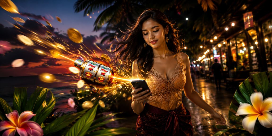 Suasana pasar malam meriah dengan lampu jackpot slot dan lotre yang berkilauan