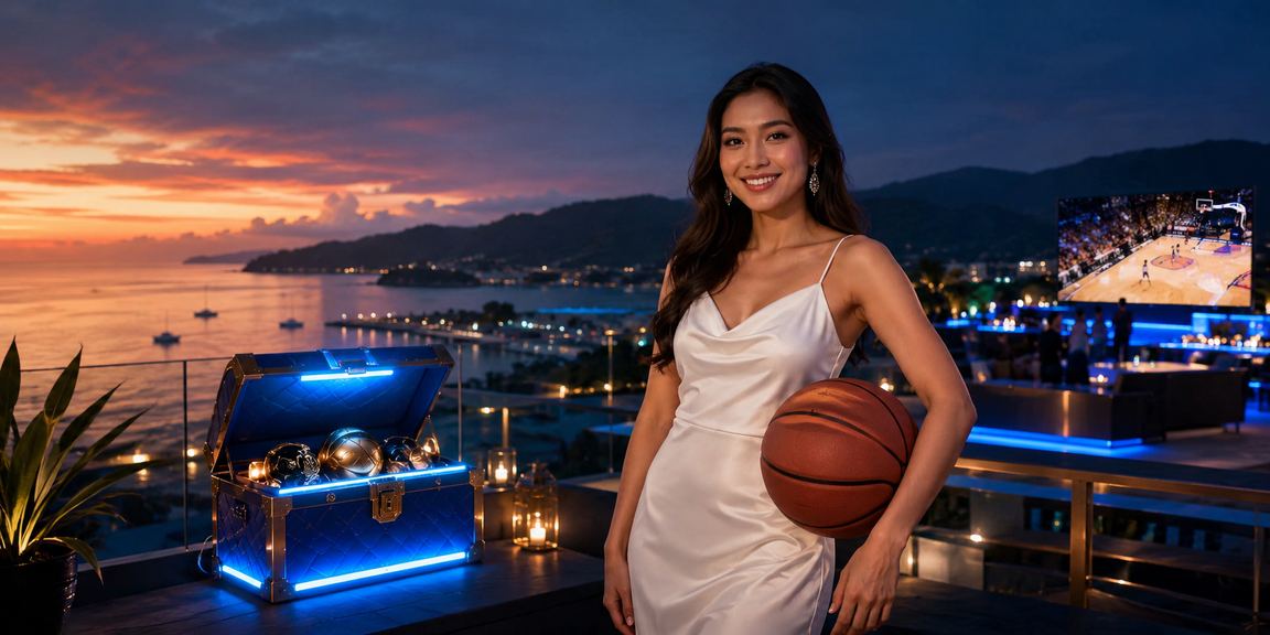 Taruhan bola basket dengan latar pantai tropis di Indonesia