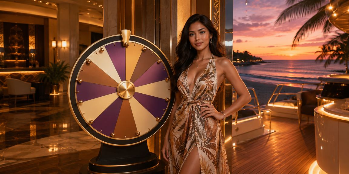 Pemain tersenyum menikmati lucky draw kasino di tepi pantai tropis yang cerah