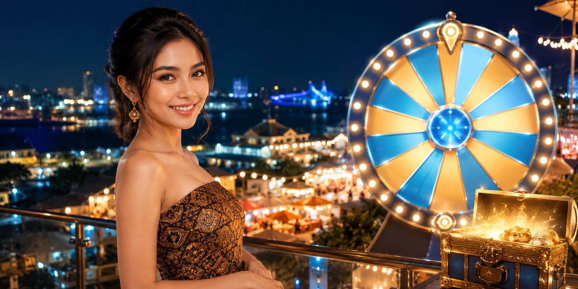 Pemain bahagia memenangkan lucky draw di pasar malam penuh lampu warna-warni